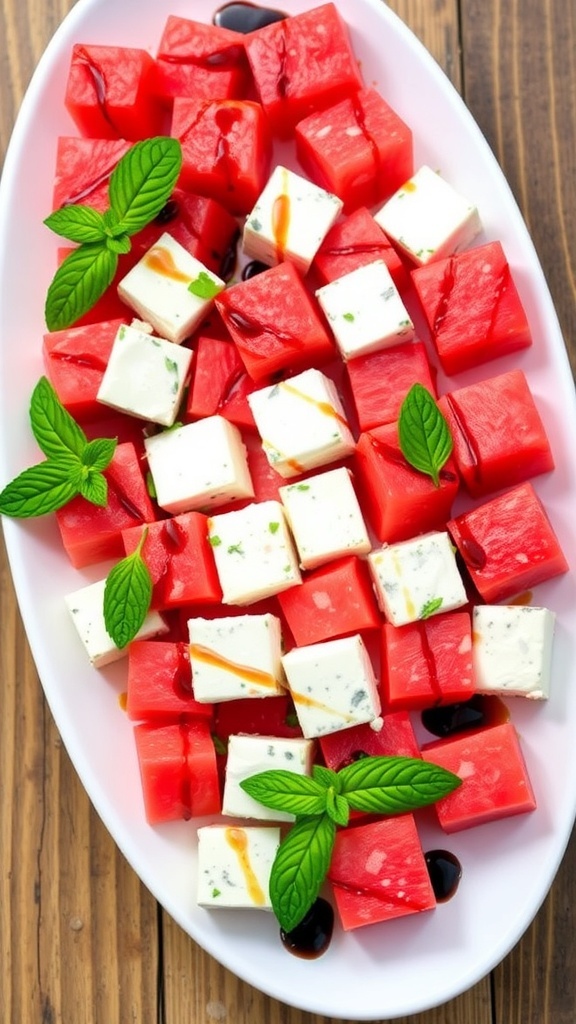 A colorful checkerboard salad with watermelon and feta cheese, garnished with mint and balsamic glaze on a rustic table.